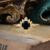 Vintage Round Cut Cluster Black Onyx Wedding Ring Flower Engagement Ring